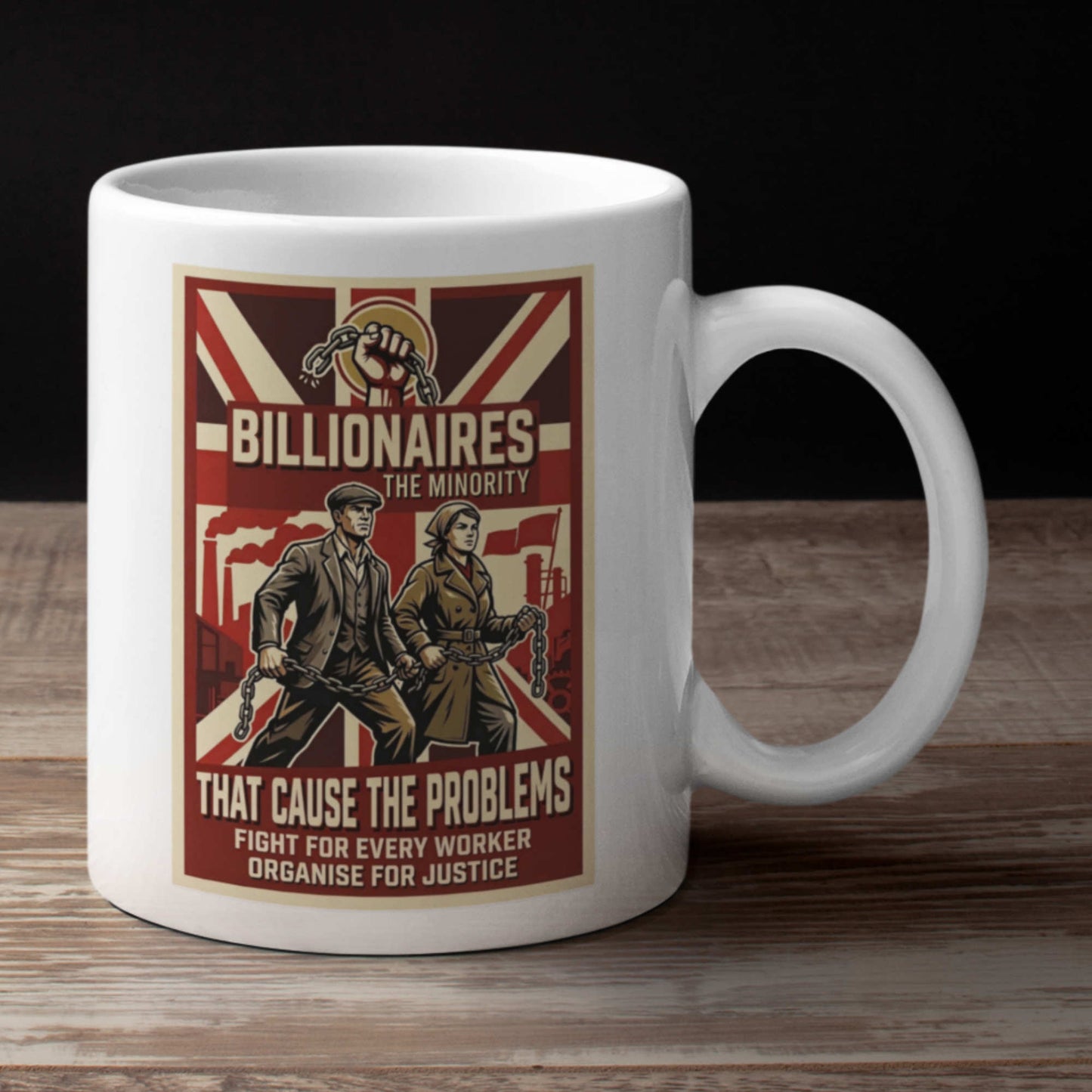 Left wing politics white mug with a graphic design featuring two people and text on a wooden surface.