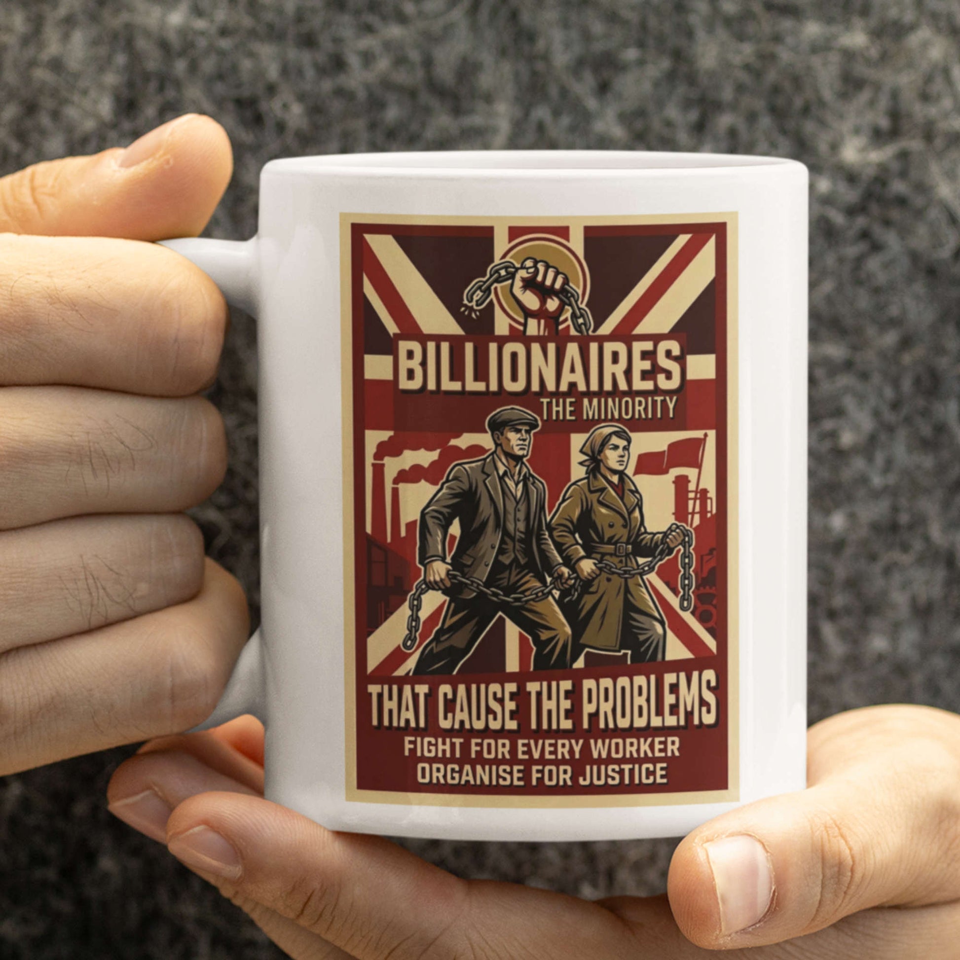 Political Socialist Mug with a graphic design featuring text and images, held by hands against a dark background