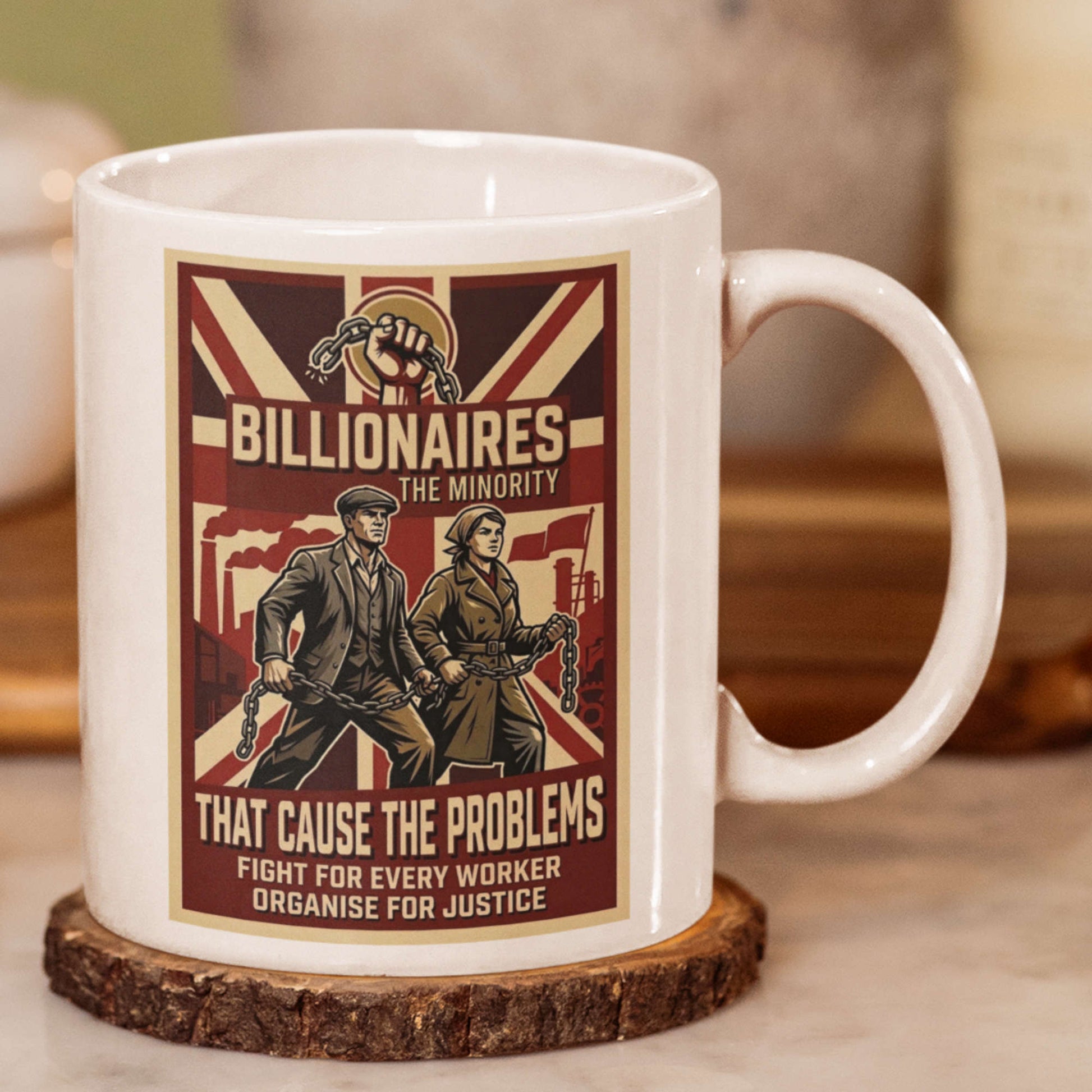 Billionaires are problem. White mug with a graphic design featuring two people and text on a wooden coaster.