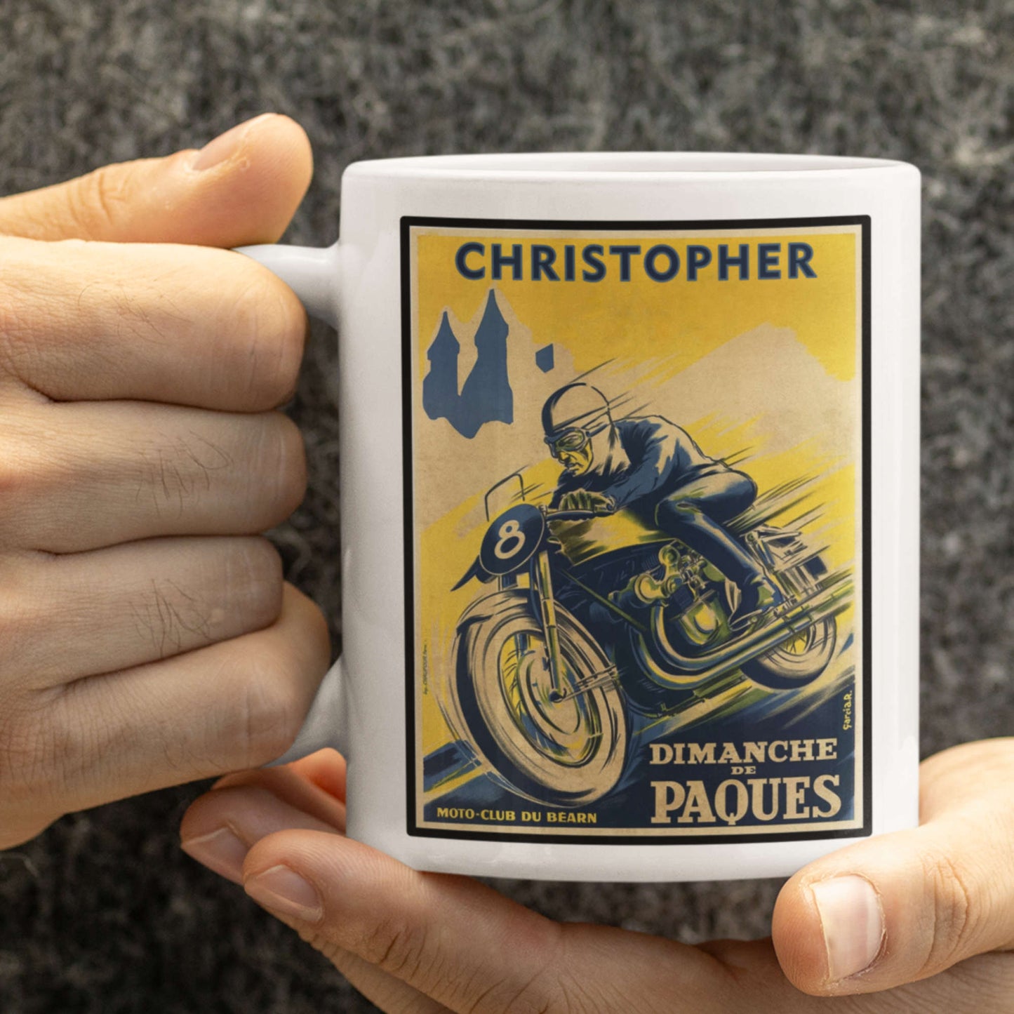 Vintage motobike poster mug hand held