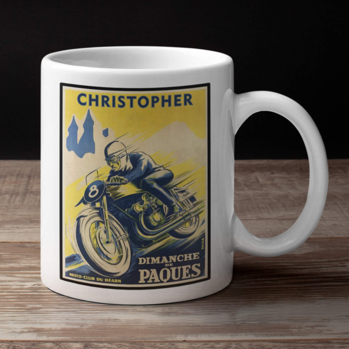 vintage motorbike mug on wood worktop