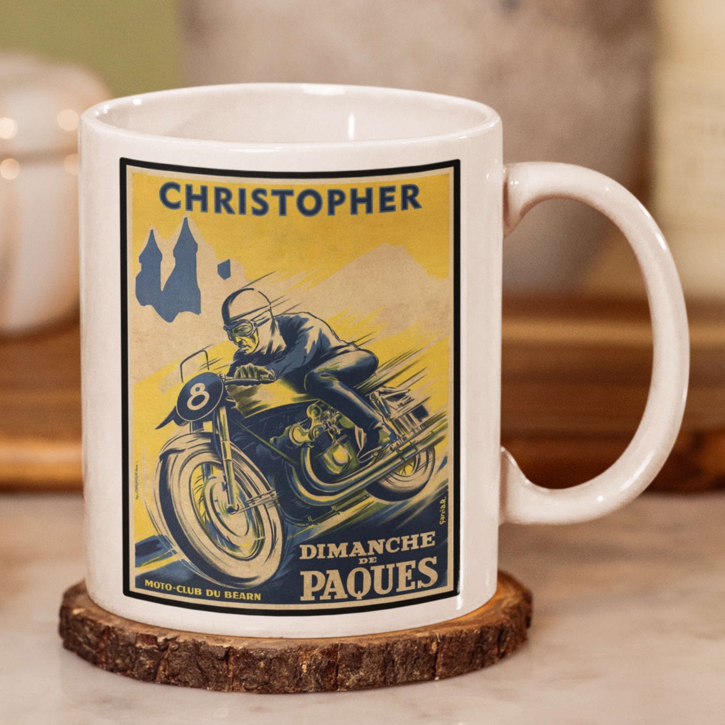 Vintage poster motorbike mug on wood coaster