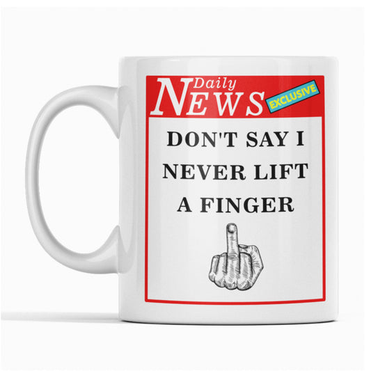 Mug with a humorous design of a newspaper headline and middle finger gesture on a white background