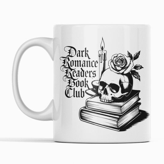 White mug with Candle, skull and books. Text Dark Romance Readers Book Club
