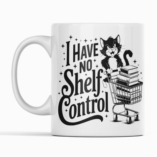 White mug black design. Text I have no shelf control. Trolley full of books.