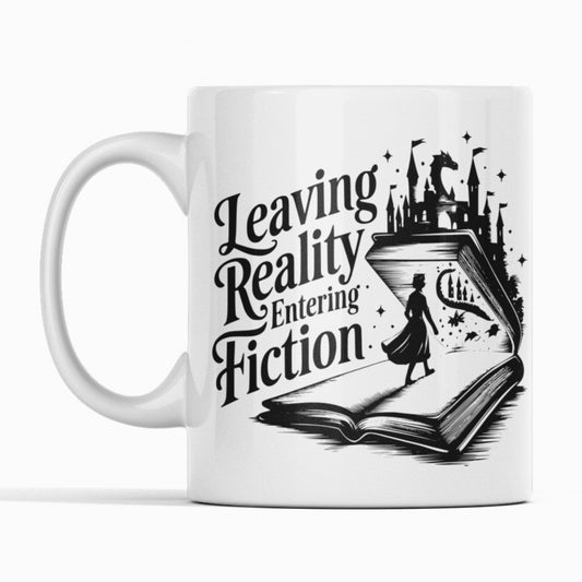 White mug. Black design. Walking into a book. Leaving Reality entering fiction.