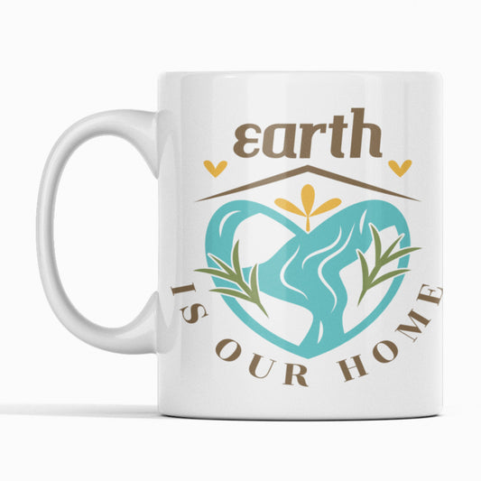 White mug with 'earth is our home' design featuring a heart and nature elements on a white background