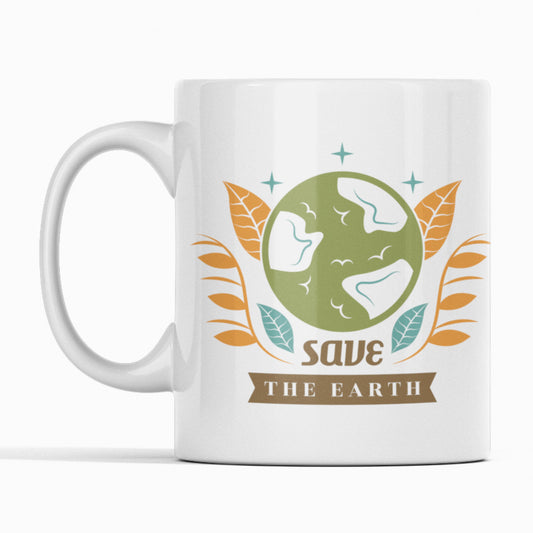 White mug with 'Save the Earth' design on a white background