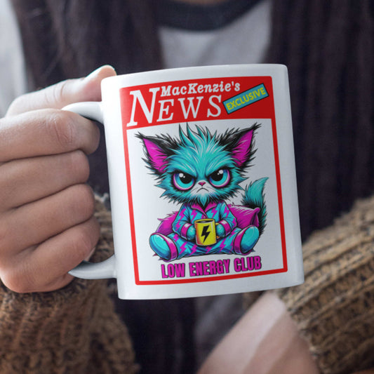 Personalized white mug hand held. Low energy club