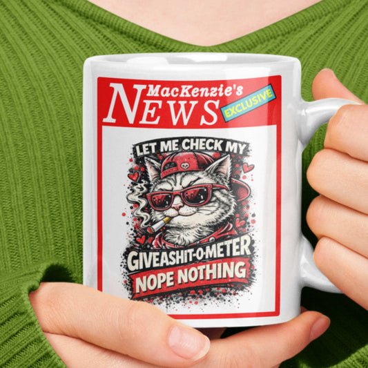 Mug with a cat graphic and GIVE A SHIT METER text held by a person wearing a green sweater.