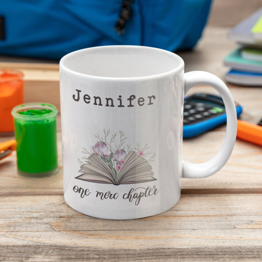 One more chapter white personalized mug on a desk