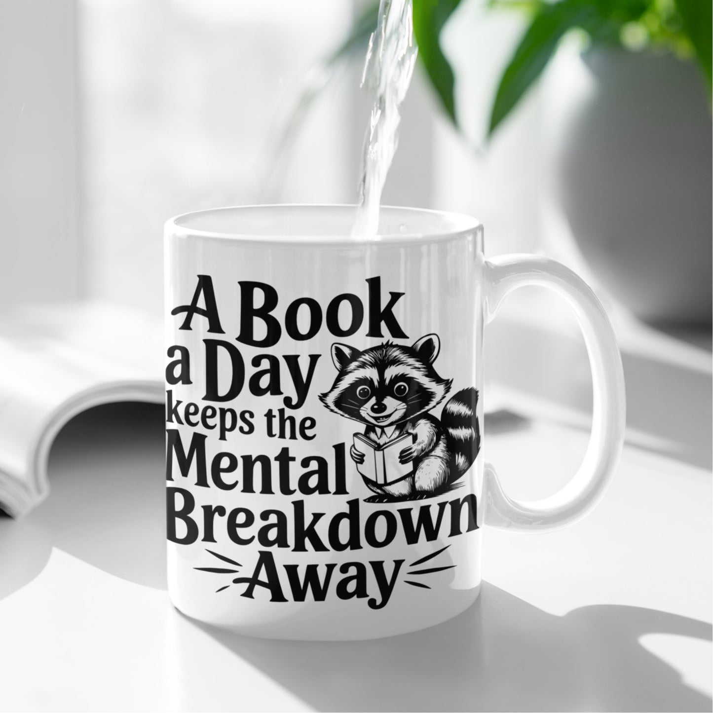 A book a day mental health white mug with racoon. White background