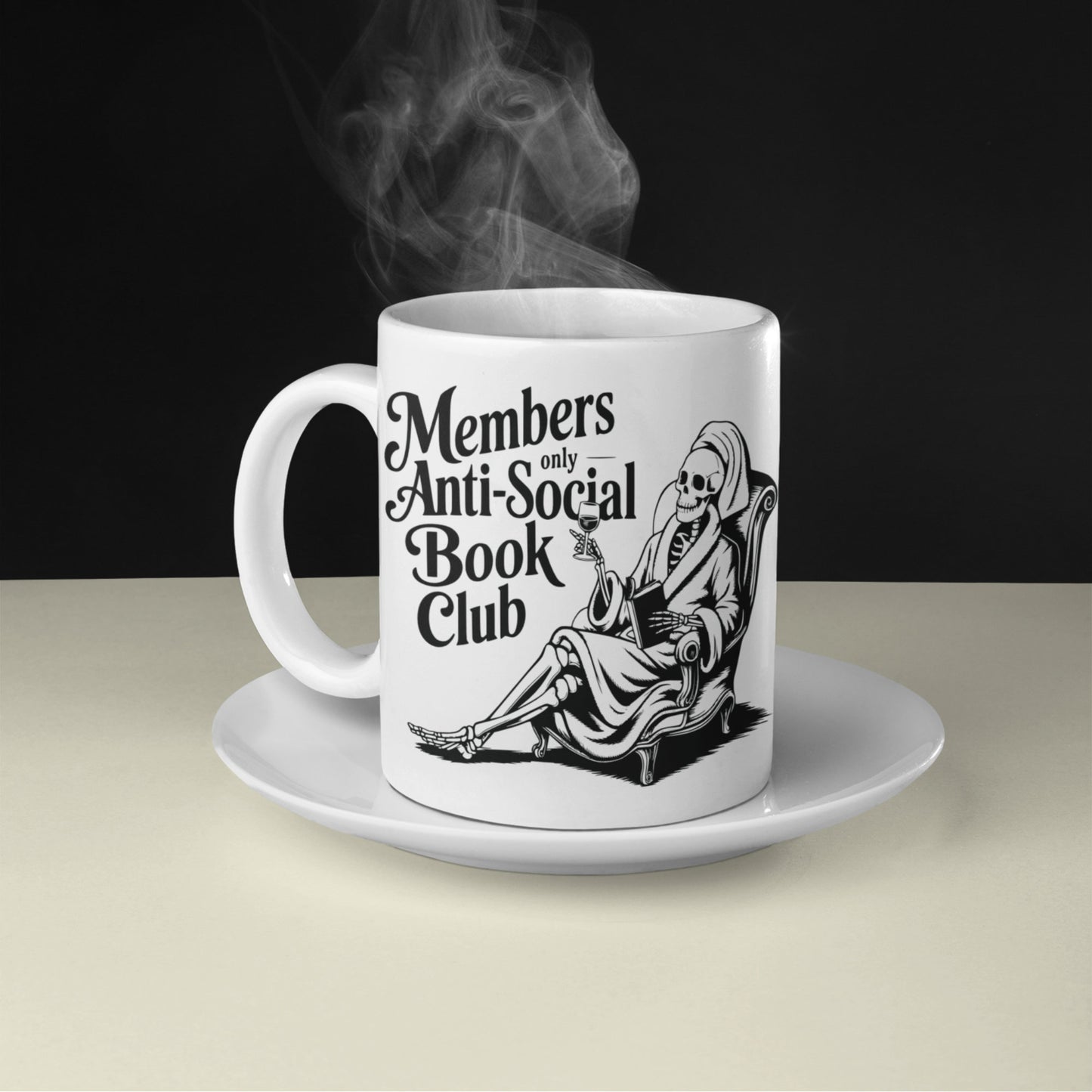 Book lovers White mug Black and white background. Skeleton and antisocial book club members only