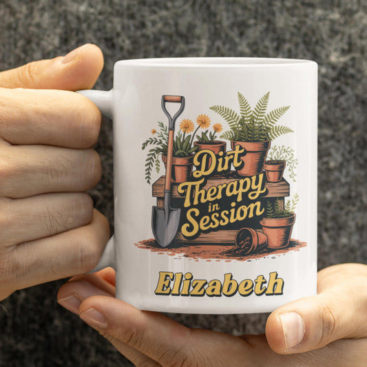 personalised gardening mug held in hand