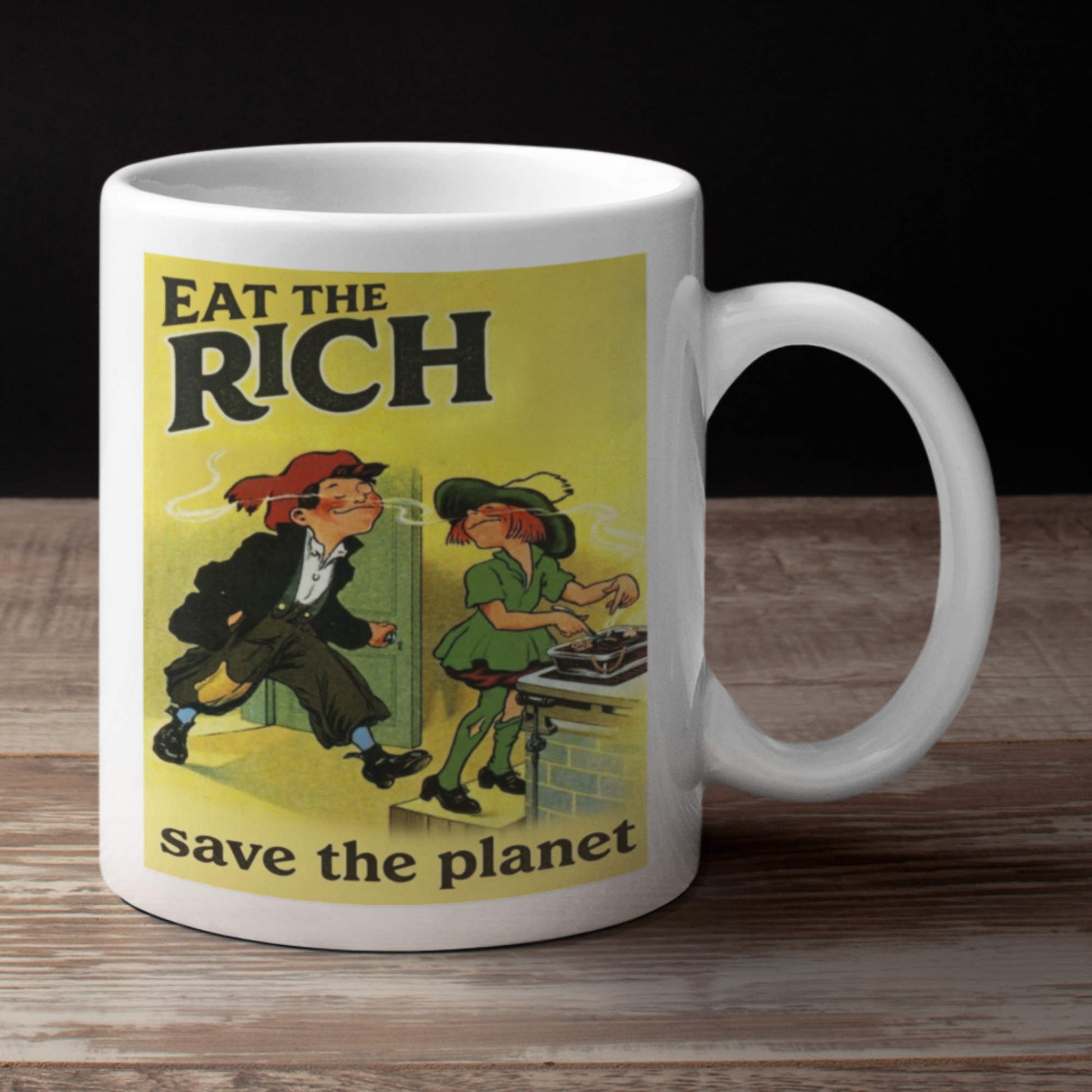 Eat the rich mug mug vintage style print on wood worktop
