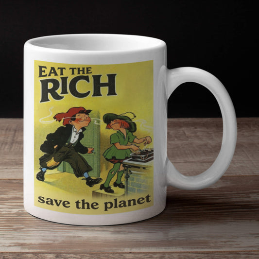 Eat the rich mug mug vintage style print on wood worktop