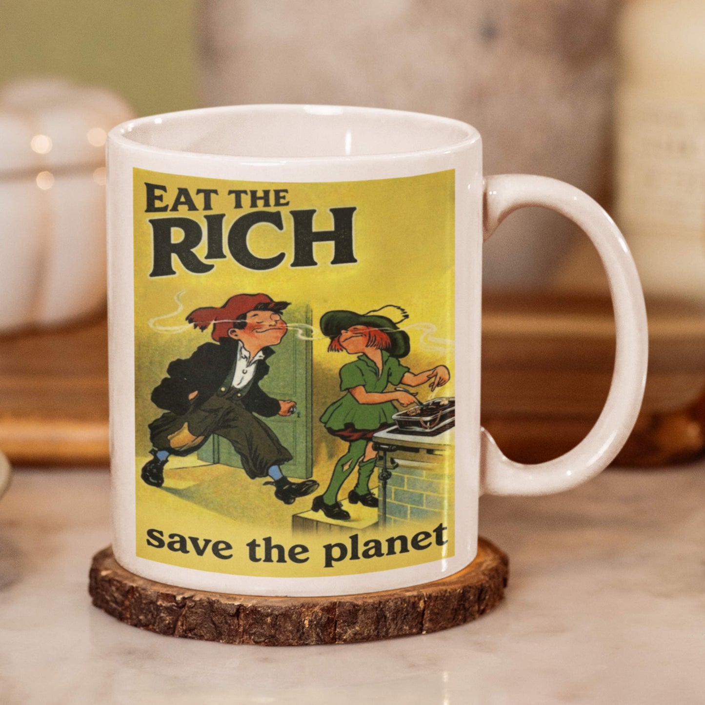 vintage inspired eat the rich mug on wood coaster