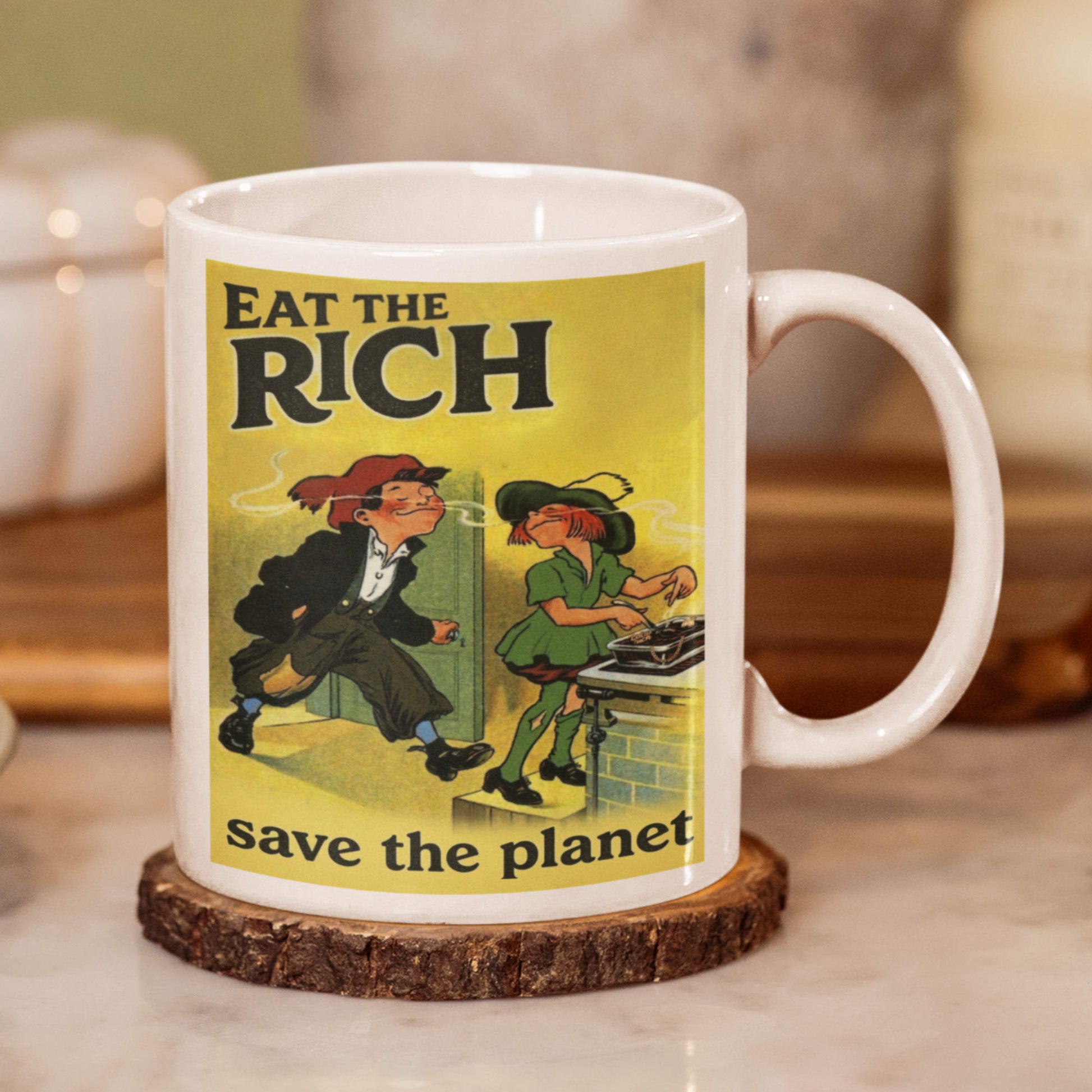 vintage inspired eat the rich mug on wood coaster