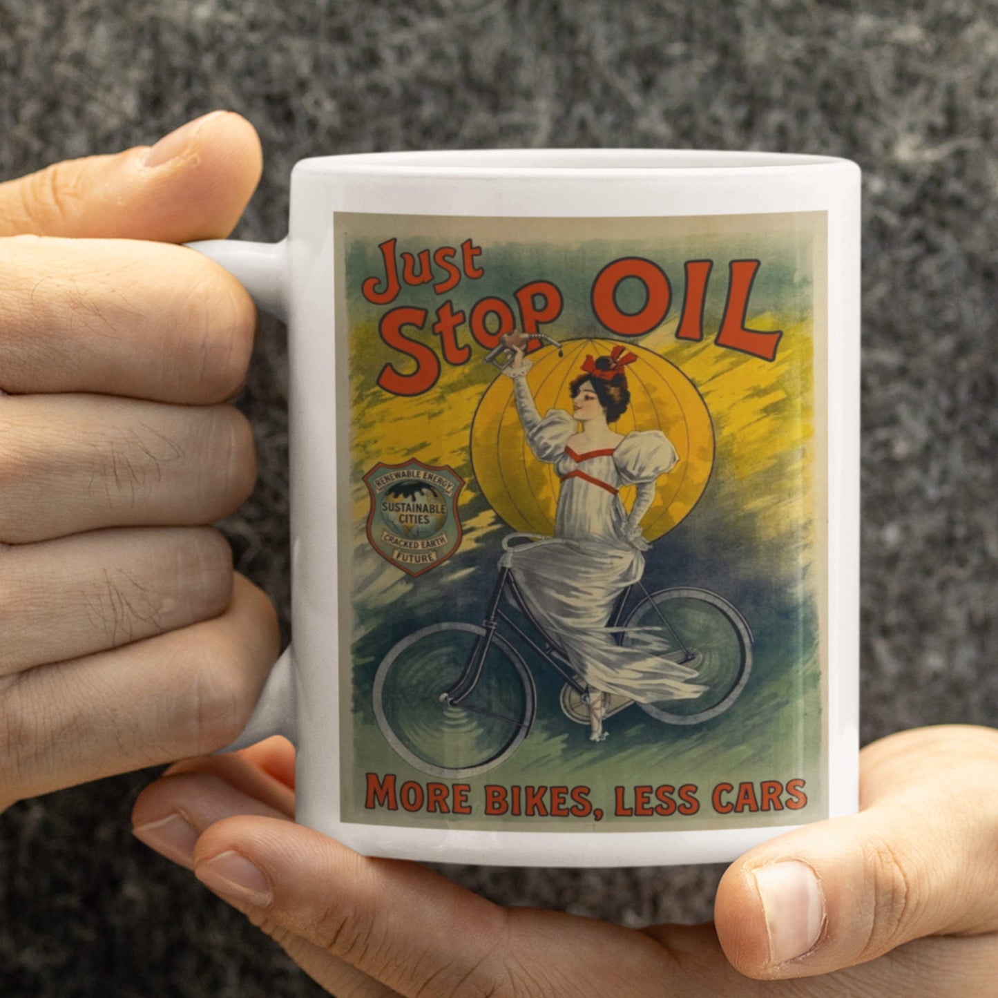 just stop oil vintage print mug hand held