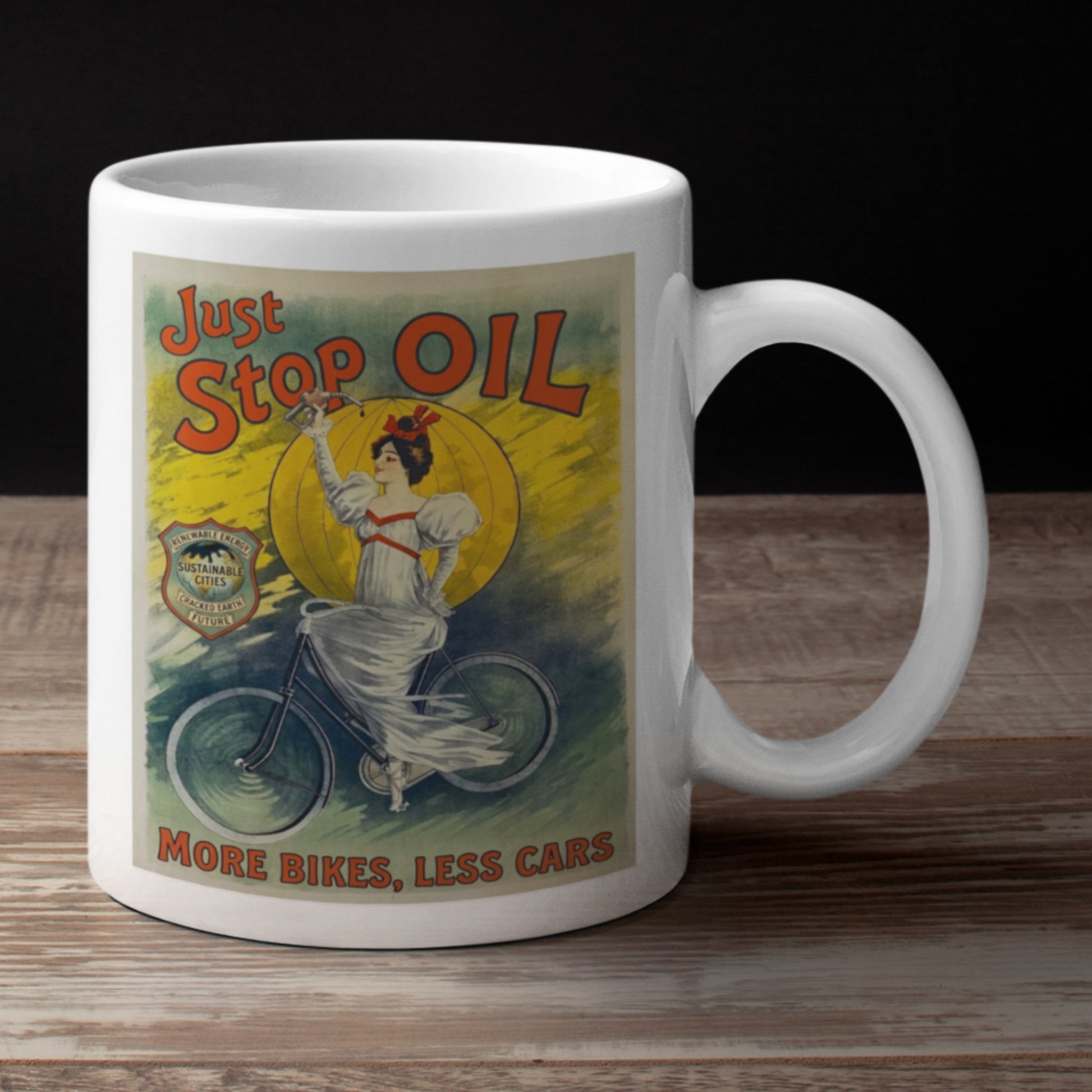 Just Stop oil vintage print mug on kitchen worktop