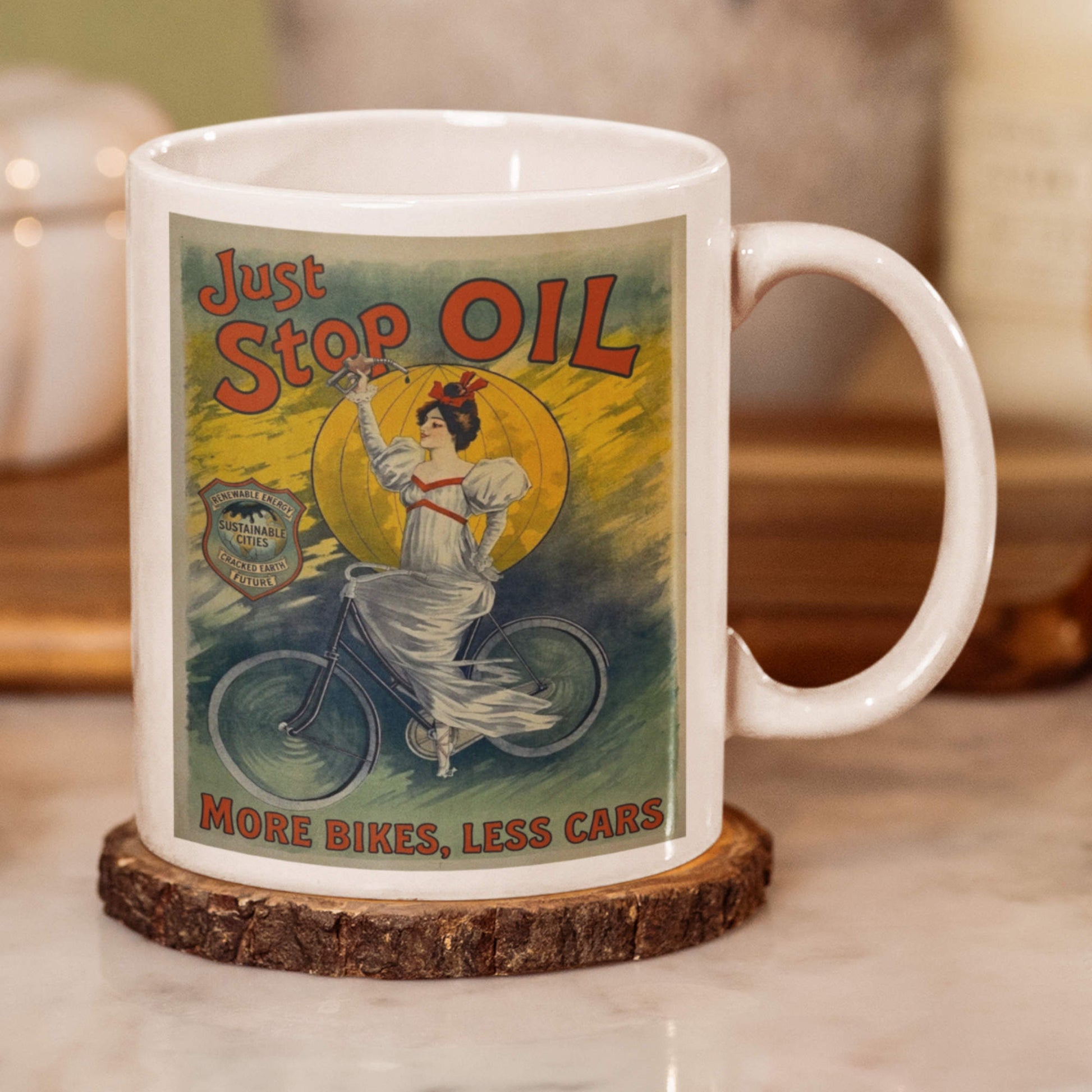 Just stop oil vintage print mug on wood coaster
