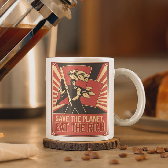 Save the planet eat the rich vintage style print on a mug video