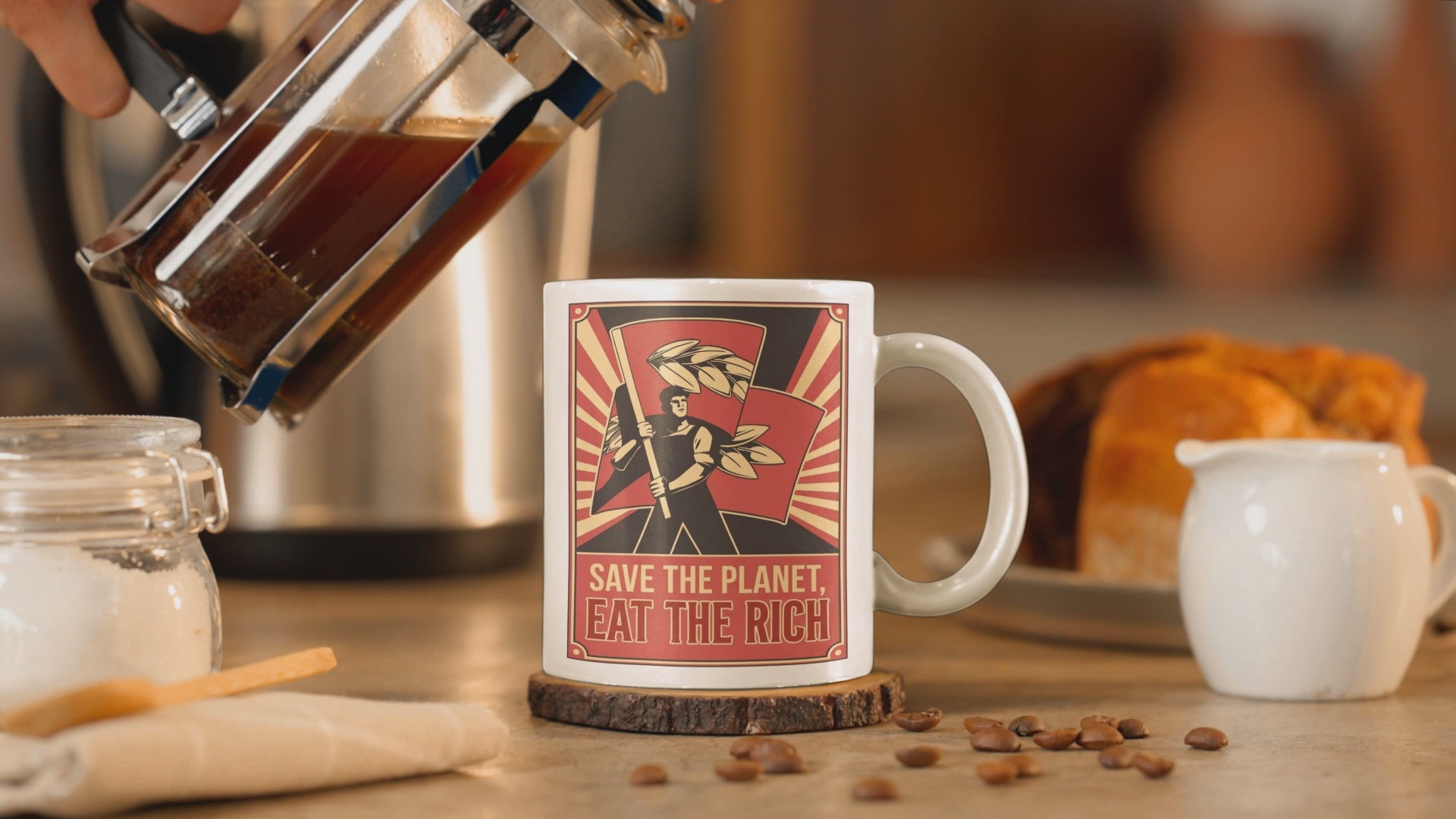 Save the planet eat the rich vintage style print on a mug video